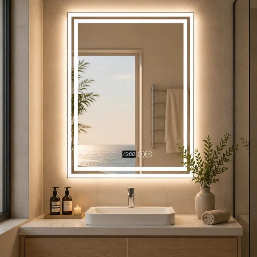 Espejo LED rectangular táctil con antivaho